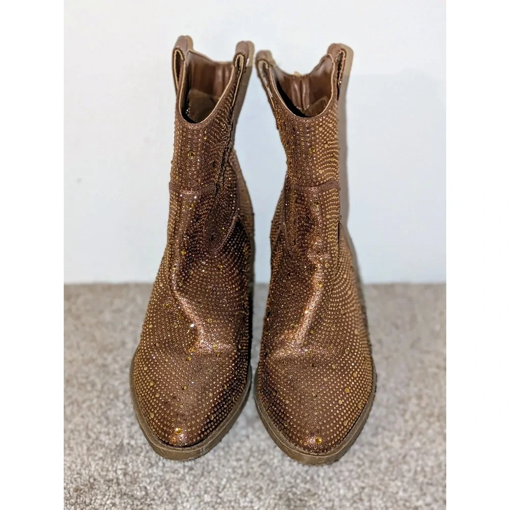 Forever Sparkly Rhinestone Western Boots Brown Block Heel Pointed Toe Size‎ 10